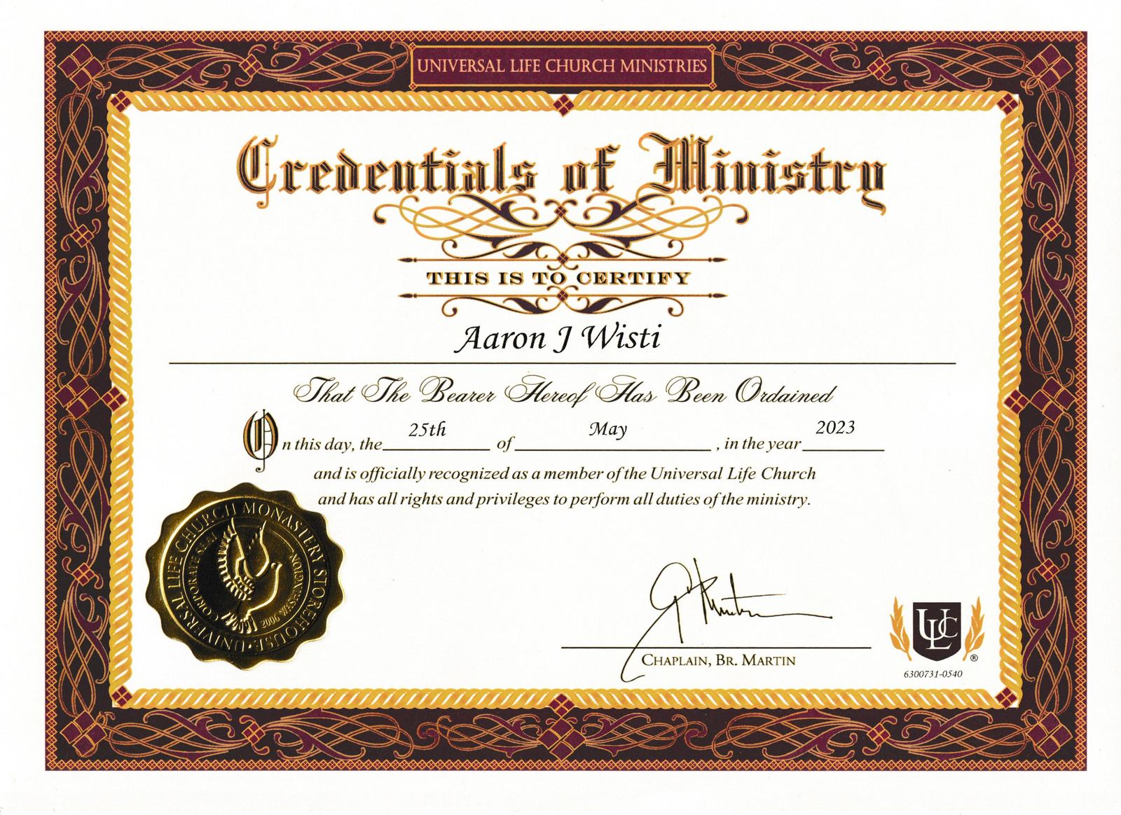 Aaron's Official Minister Credentials